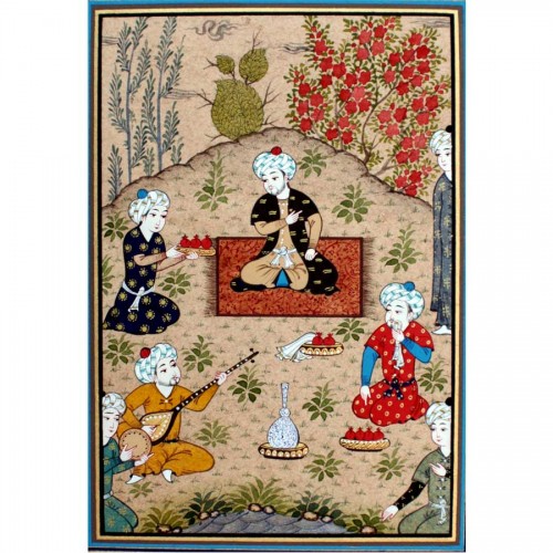 Иранская миниатюра "Тронная сцена в саду"